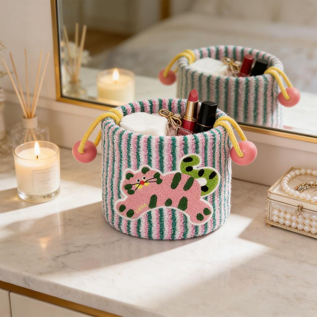 Cotton Rope Basket Fluffy Storage Basket Snack Storage Container Adorable Desktop Storage Box For Desk Bathroom Counter
