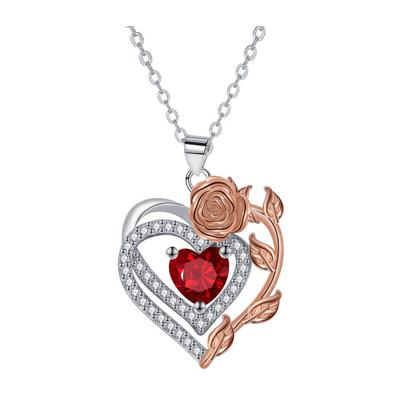 Heart And Rose Necklace Women Faux Gem Red Heart Pendant Necklace Jewelry Gift for Wife Girlfriend Birthday Anniversary Valentine's
