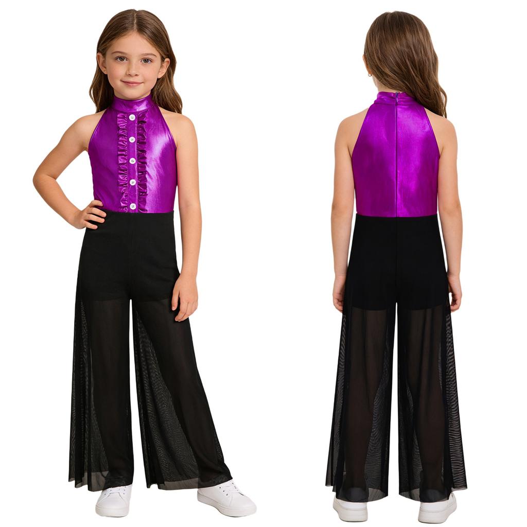 Sprankelende Metallic & Mesh Dans Jumpsuit voor Meisjes: Hoge Hals Mouwloos met Gerimpeld Bovenlijf & Wijdvallende Broek voor het Podium