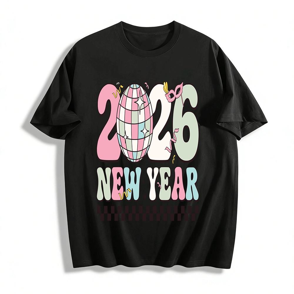 2026 New Year Disco Ball Print Casual Party Top Pure cotton T-shirt XXS