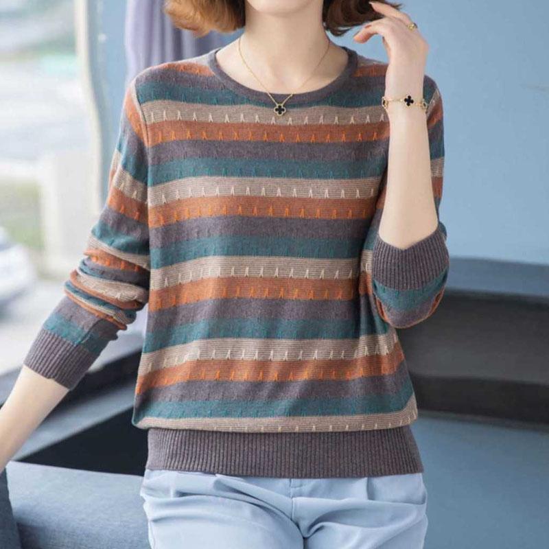 Spring Autumn Fashion Striped Long Sleeve Loose Sweaters for Female Trend Vintage Patchwork Knitted T-shirt Women's Clothing