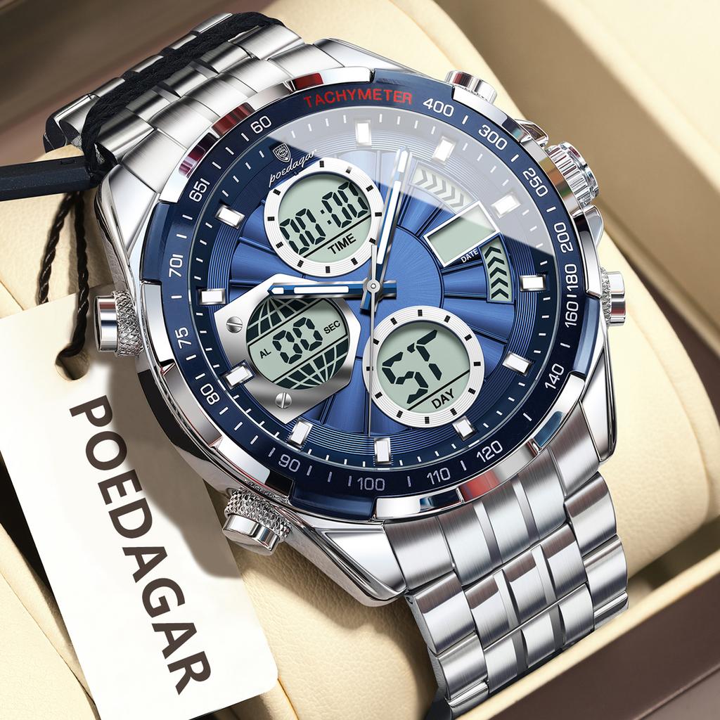 POEDAGAR Clock Waterproof Electronic LED Luxury Watches Dual Time Display Digital Stainless Steel Quartz Watch
