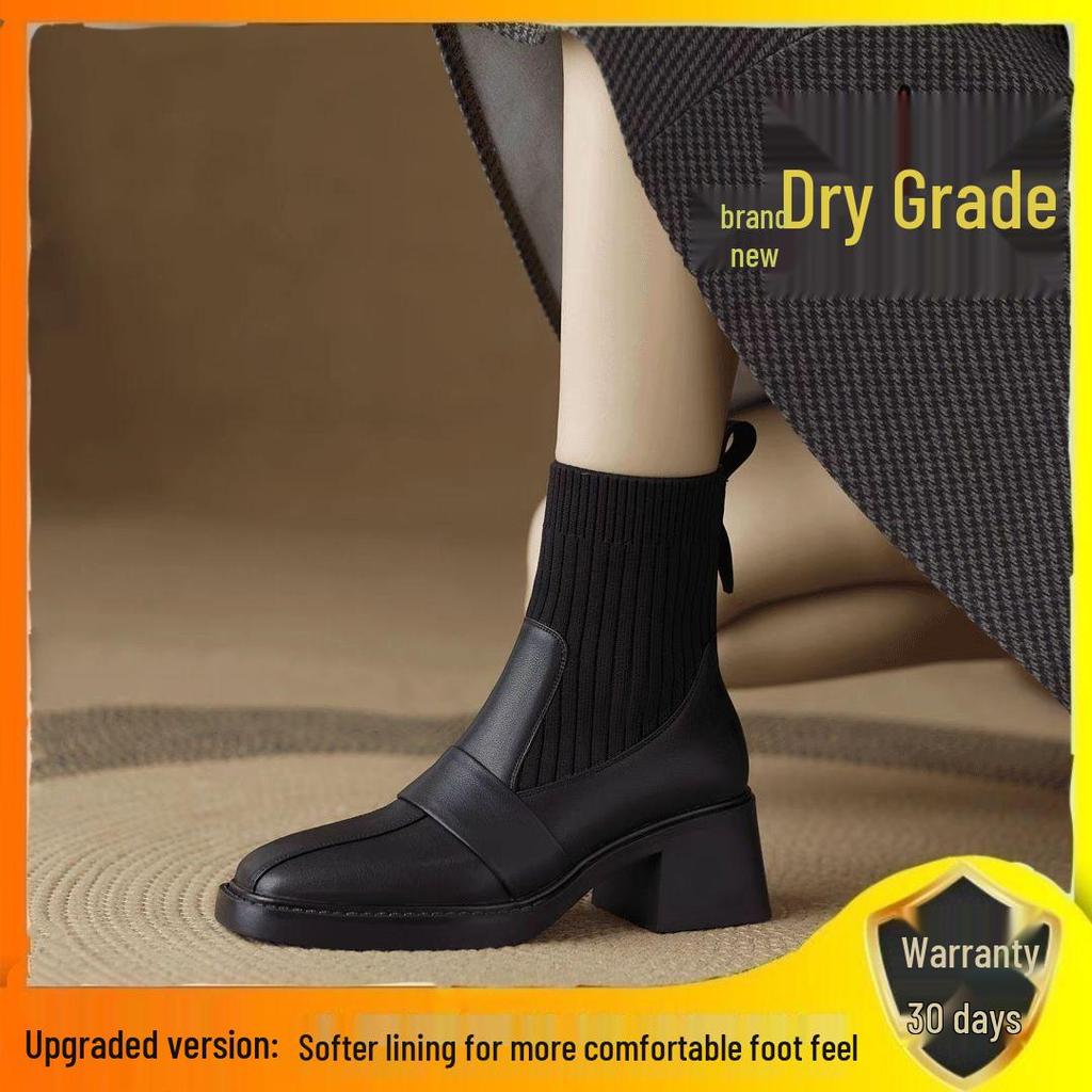 Botine de damă cu toc gros pentru toamna/iarna 2025 - Stil coreean plus catifea, calde, tip șosetă, botine Martin în stil britanic pentru studenți