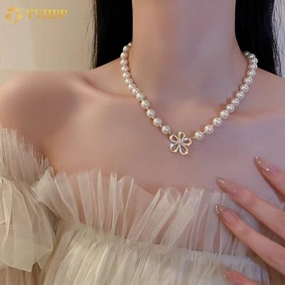 Crystal Flower Gold Necklace Luxury Artificial Pearls Bead Clavicle Chain Choker for Women Jewelry Accessories