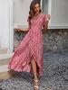 Summer New European and American Women's Clothing V-neck Printing Short-sleeved One-piece Strap Skirt Beach Vacation Swinging Dress