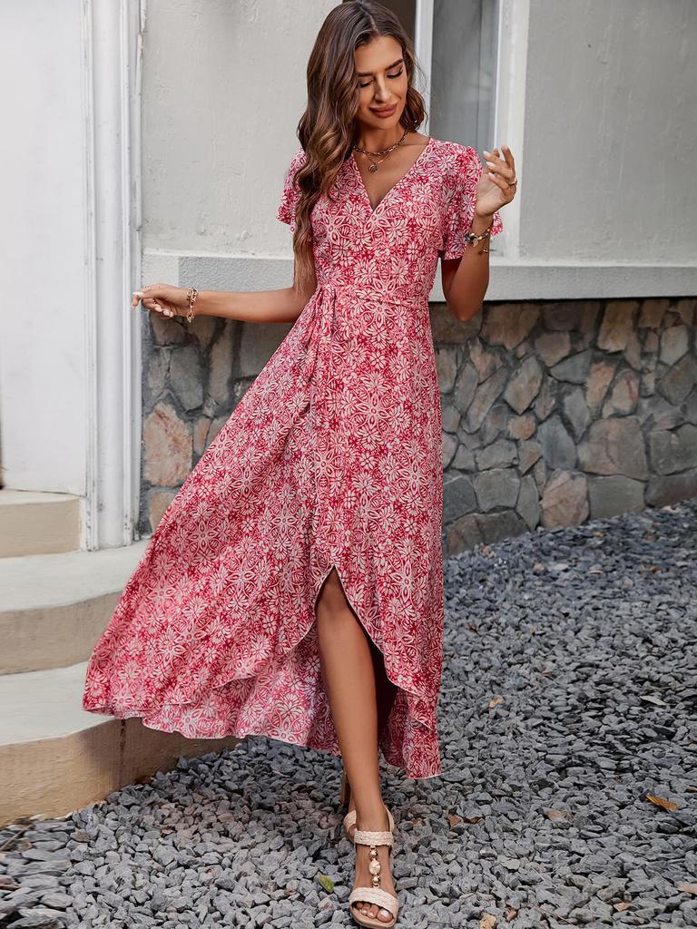 Summer New European and American Women's Clothing V-neck Printing Short-sleeved One-piece Strap Skirt Beach Vacation Swinging Dress