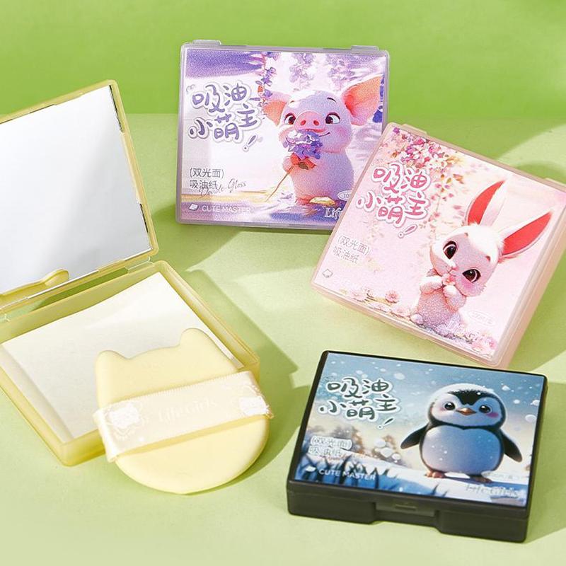 100 Sheets Facial Oil-Blotting Paper With Case Mirror Puff For Makeup Setting Portable Oil-Control Oil-Absorbing Wood Pulp Paper