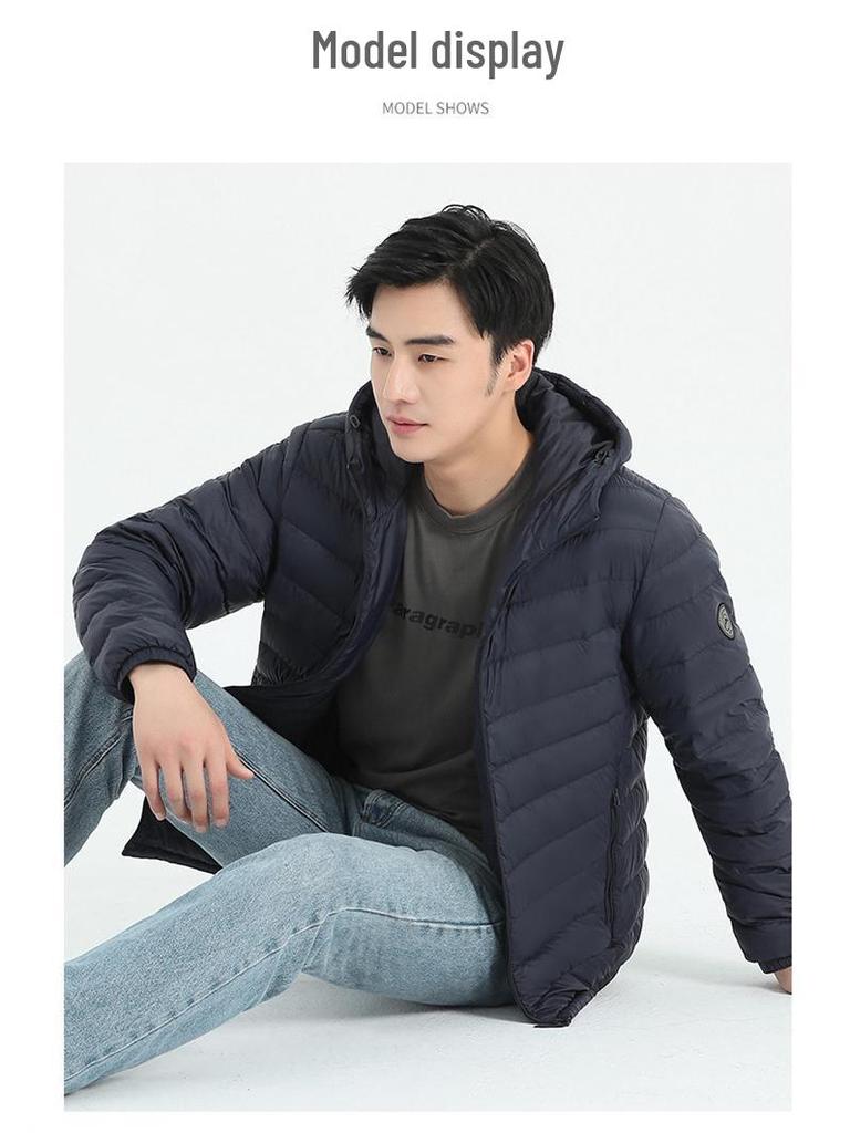 Men's Lightweight Hooded Down Jacket 2025 – Short Style, Stand-Up Collar, Trendy Winter White Duck Down Outerwear