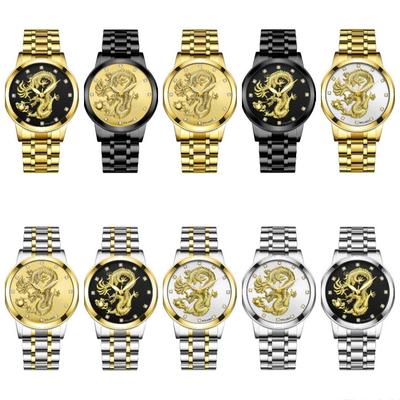Lüks Yuvarlak Kuvars Taklidi Ejderha Dial Rahat Bilek Saatler Paslanmaz Kayış Moda Saat Su Geçirmez Kol Saati Erkekler için