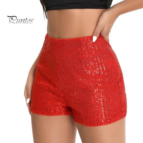 Women Shorts High Elastic Waist Shiny Sequin Solid Color Straight Slim Fit Soft Breathable Above Knee Length Club Party Beach Mini Shorts