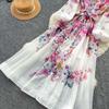 Summer New Pink Flower Print Chiffon Maxi Dress Women Long Lantern Sleeve Tiered Ruffle Long Dress Elegant Party Evening Dress