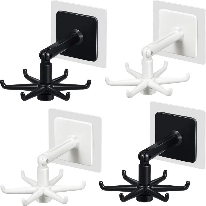 1/2PCS 360 Rotating Kitchen Hooks Folding Wall-Mounted Holder Multi-Purpose Hook Self-Adhesive Hook Utensil Rack with 6 Hooks
