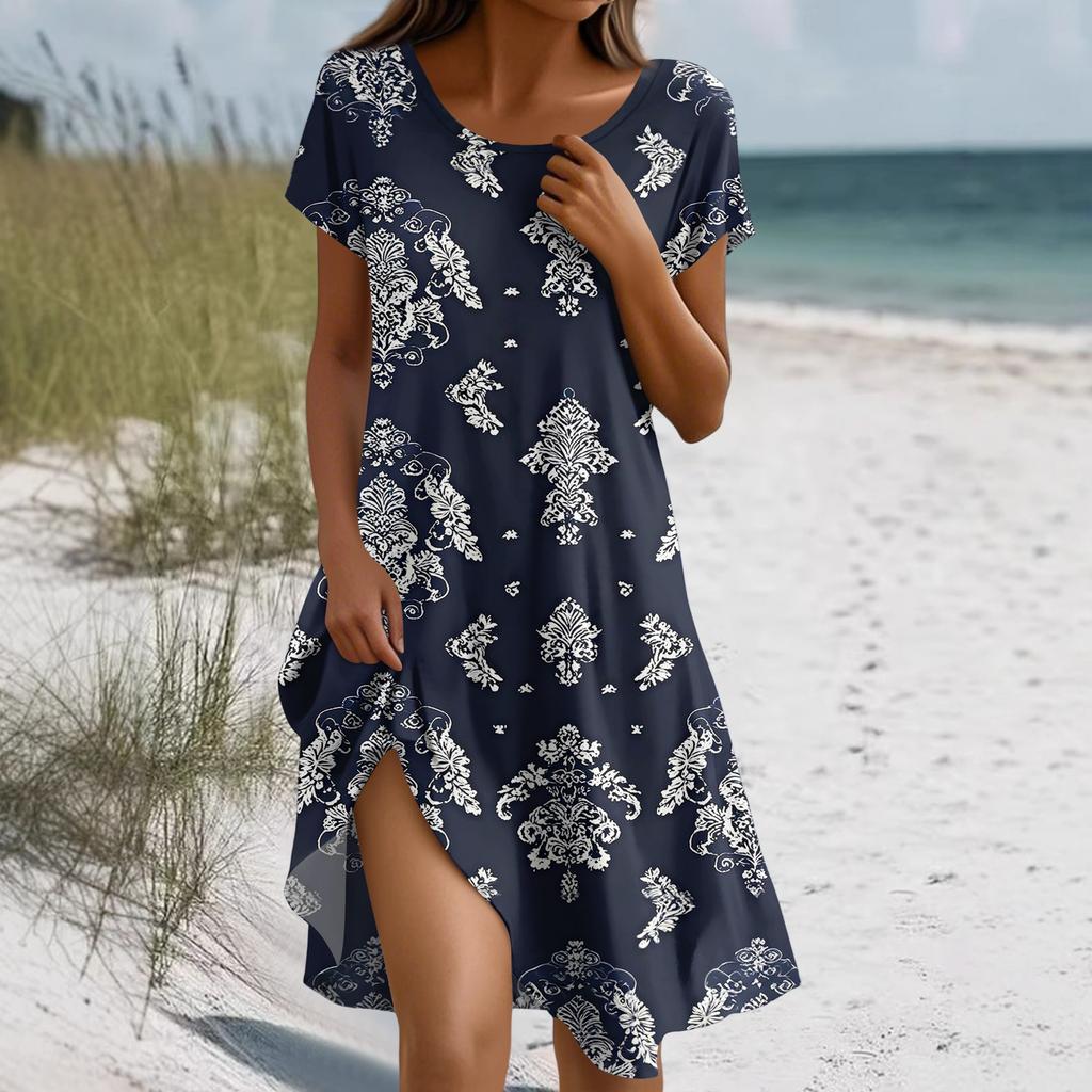 Kurzärmeliges Boho-Kleid für Damen, lässig, lockere Passform, Sommerkleid mit Blumendruck und Taschen