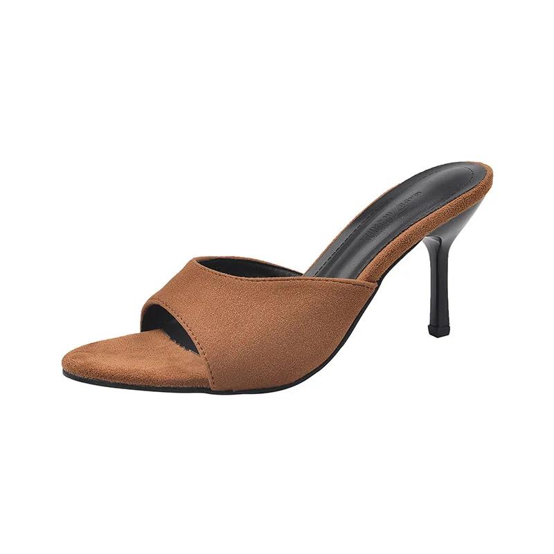 Fashion Elegant Suede Stilettos Slippers Women Round Toe Thin Heeled Slides Shoes Summer Outdoor Sexy Party Dress Solid Female Sandal
