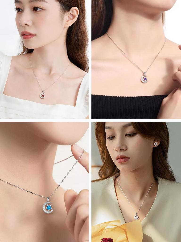 [FindChic] Women's Birthstone Aquamarine Necklace with Moissanite, Long, Sterling Silver 925, Rust-proof, Star and Moon Pendant, Hypoallergenic,