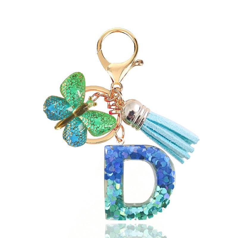 Fashion Blue Glazed Stone A To Z Letter Keychain 26 Initials Alphabet Butterfly Tassel Pendant Car Key Chain Women Jewelry GIfts