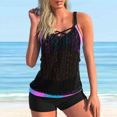 Women's Shoulder Strap Swimsuit Black Hollow Print Bikini Tankini Swimsuit