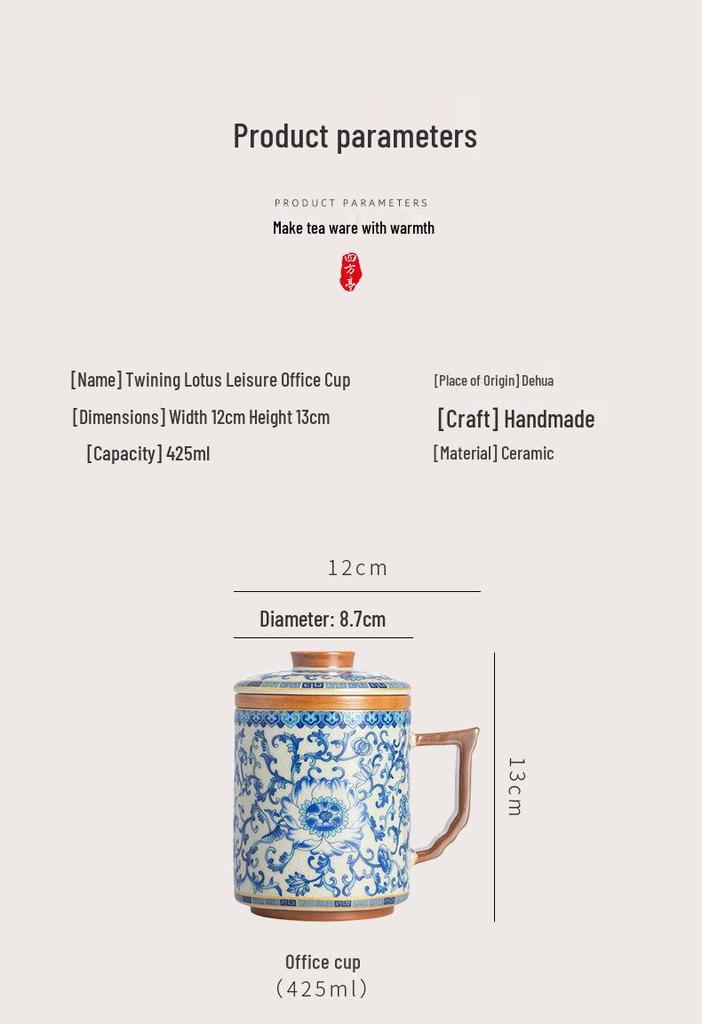 Blue & White Lotus Pattern Ceramic Mug with Lid - Chinese Style Gift Box Set for Home or Office