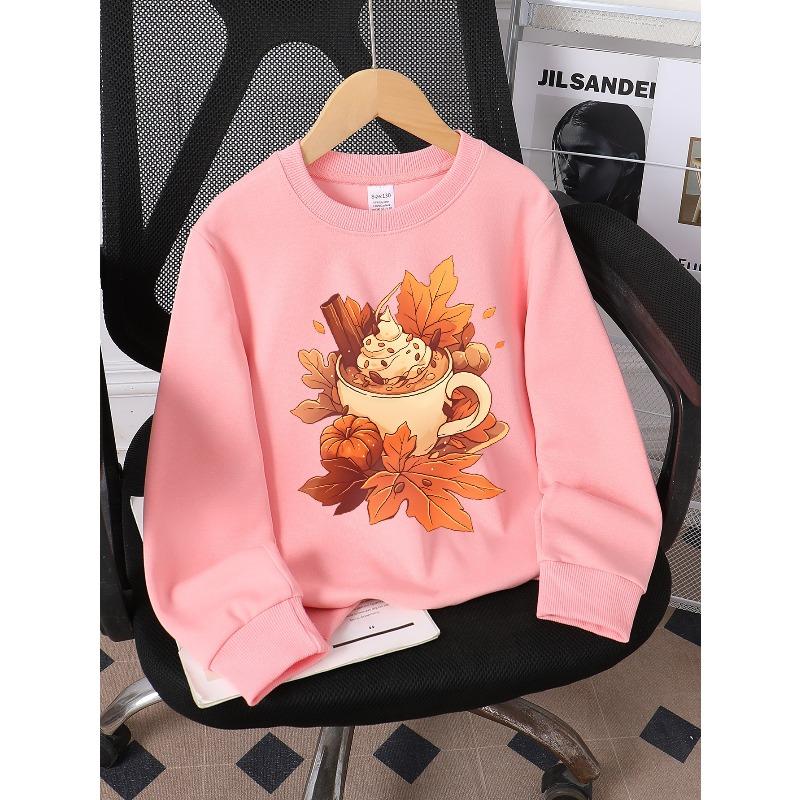 Kids Crewneck Sweatshirt, Fun "Autumn Pumpkin Spice Latte Print" Pattern,Daily Casual Top for Spring & Autumn
