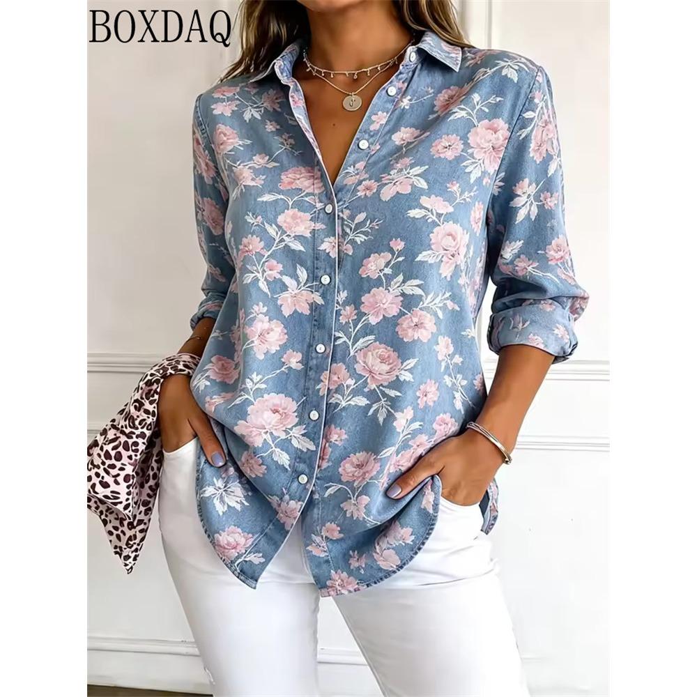 Vintage Flowers Pattern 3D Print Women Long Sleeve Shirts Autumn Women's Casual Daily Loose Button Holiday Shirt Women's Blouses