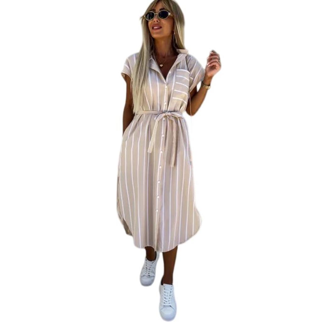 Ladies' Loose Comfortable Casual Fashionable Short Sleeved Striped Printed Waistband Dress