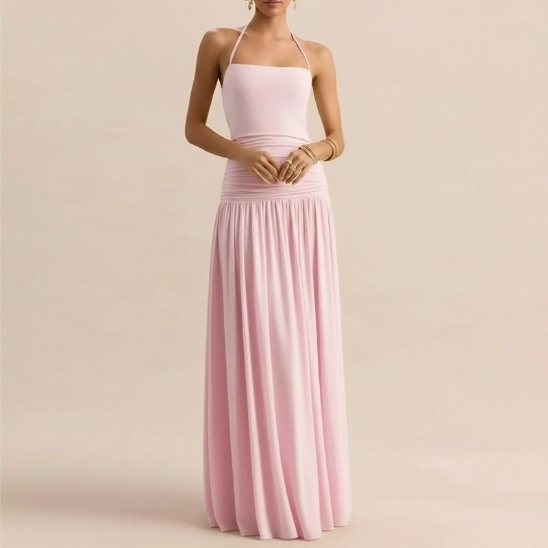 Elegant Solid Color Pleated French Style Sleeveless Maxi Dress High Waist Fit 2026 Womens Casual