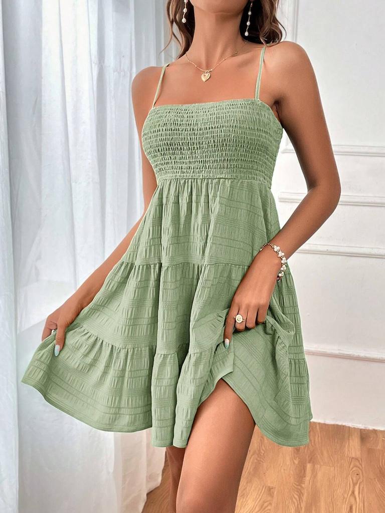 2025 European and American Women's Summer New One-piece Neck Slim Suspender Solid Color Versatile Texture Dress