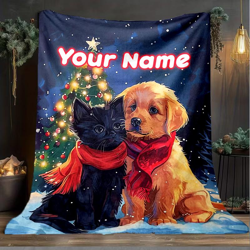 1PC Custom Name Christmas Cats Dogs outdooor Flannel blankets Throw Blanket All-Season Throw Gift Bedspread for Couch, Bed, Camping Holiday Birthda
