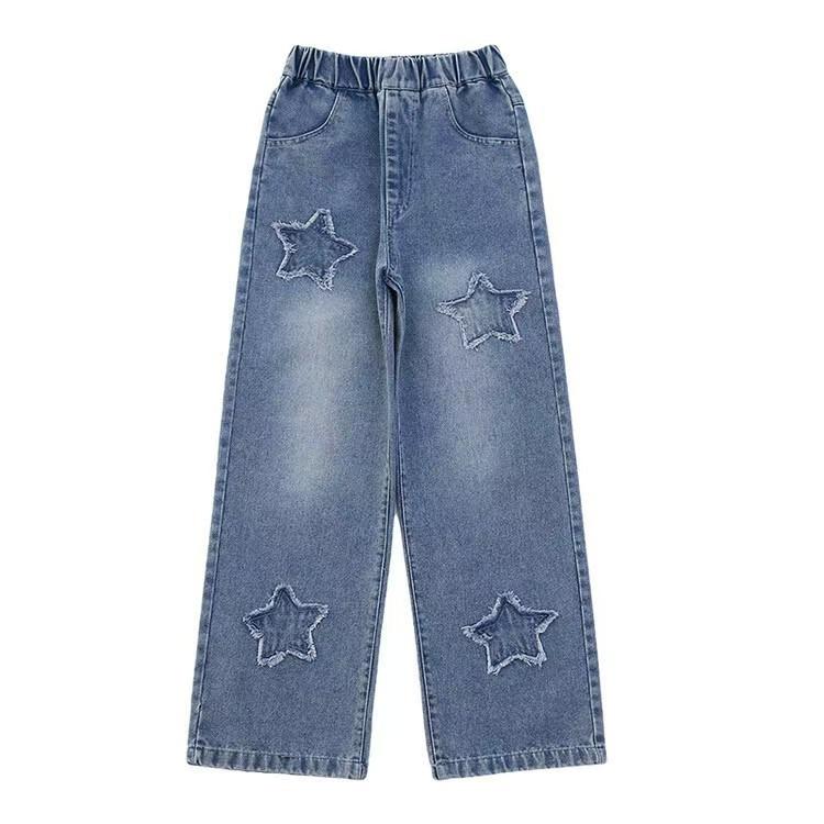 2-12 Anni Primavera Autunno Bambine Jeans Decorazione Stella Pentagramma Pantaloni Lunghi in Denim per Bambini Abbigliamento da Esterno per Bambini Pantaloni Dritti