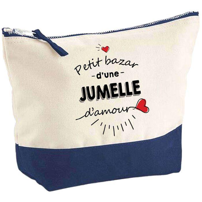 Pochette fond bleu Bazar d'une Jumelle d'Amour - Anniversaire - Cadeau Sœur - Original Trousse Maquillage Grand Format