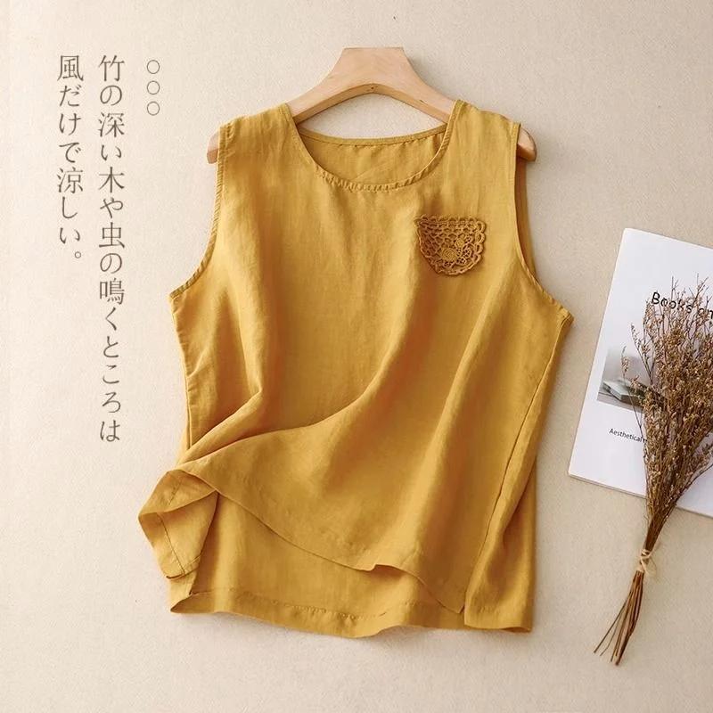 Women's Linen Sleeveless Tank Top with Lace Patch Loose Casual Top