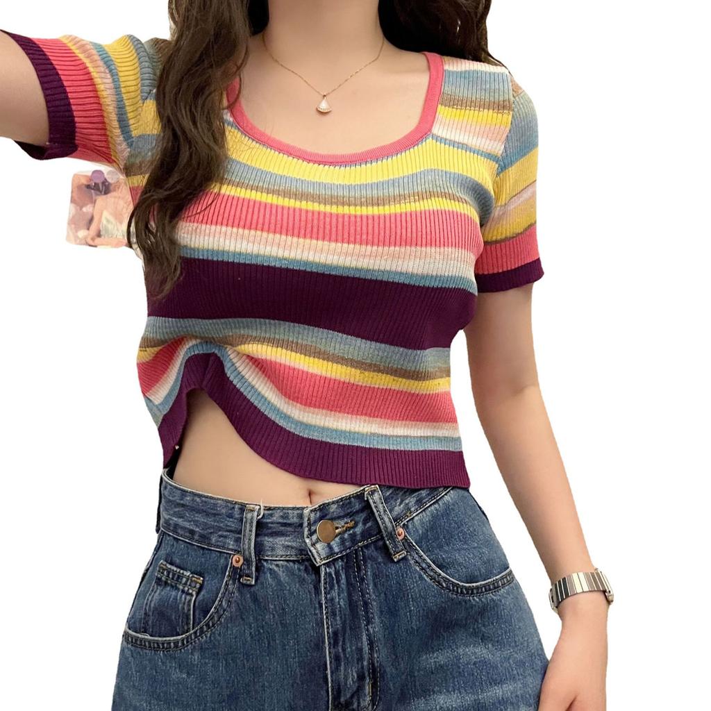 Sweet and Spicy Square Neck Striped Knit Shirt Female Summer Year Slim Thin Positive Shoulder Short Section Short-sleeved Tops Casual Pullovers Tees