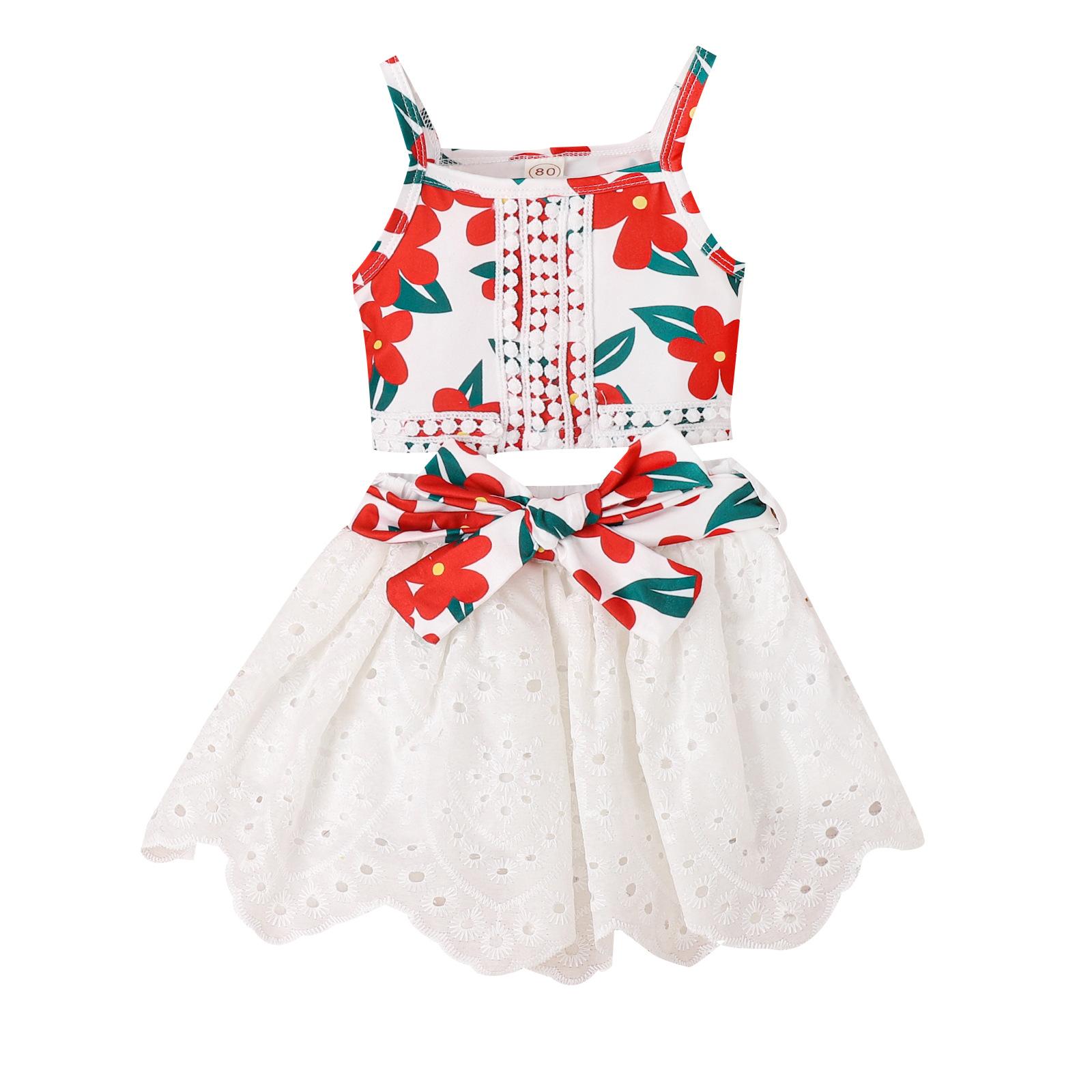 

Комплект одежды для девочек, летний детский комплект с юбкой асимметричного кроя с кружевом и бохо-принтом 120cm красный