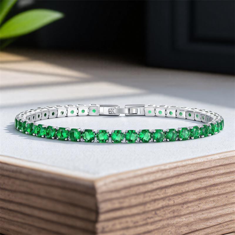 17/19CM Fileira Única Cristal Verde Pedra Redonda Pulseiras Tennis para Mulheres Cor Prata Joias Cor Multicolor Zircônio Correntes Pulseira