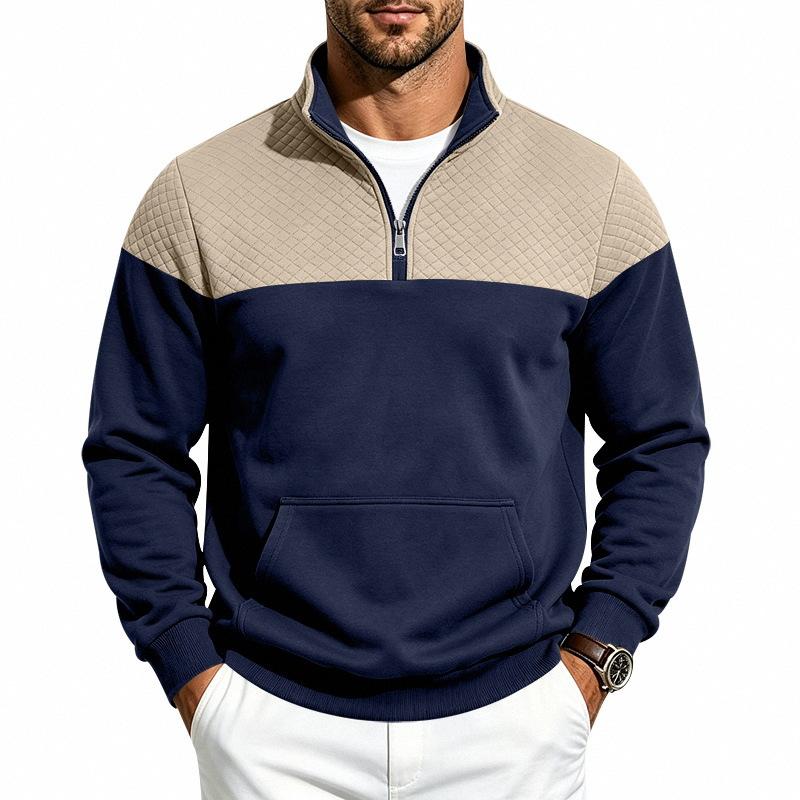 Men S Heavyweight Fleece Long Sleeve Stand Collar Sweatshirt Color Block Pockets