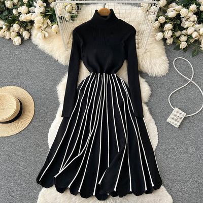 Winter Autumn Turtleneck Warm Knitted Pullover Sweater Dress Women Casual Black Striped Pleated Dresses