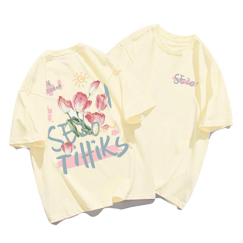 

Unisex Plus Size Retro Cotton Short-Sleeve T-Shirt, Chic Hong Kong Style Loose Fit 3XL (156-170 lbs) абрикосовый