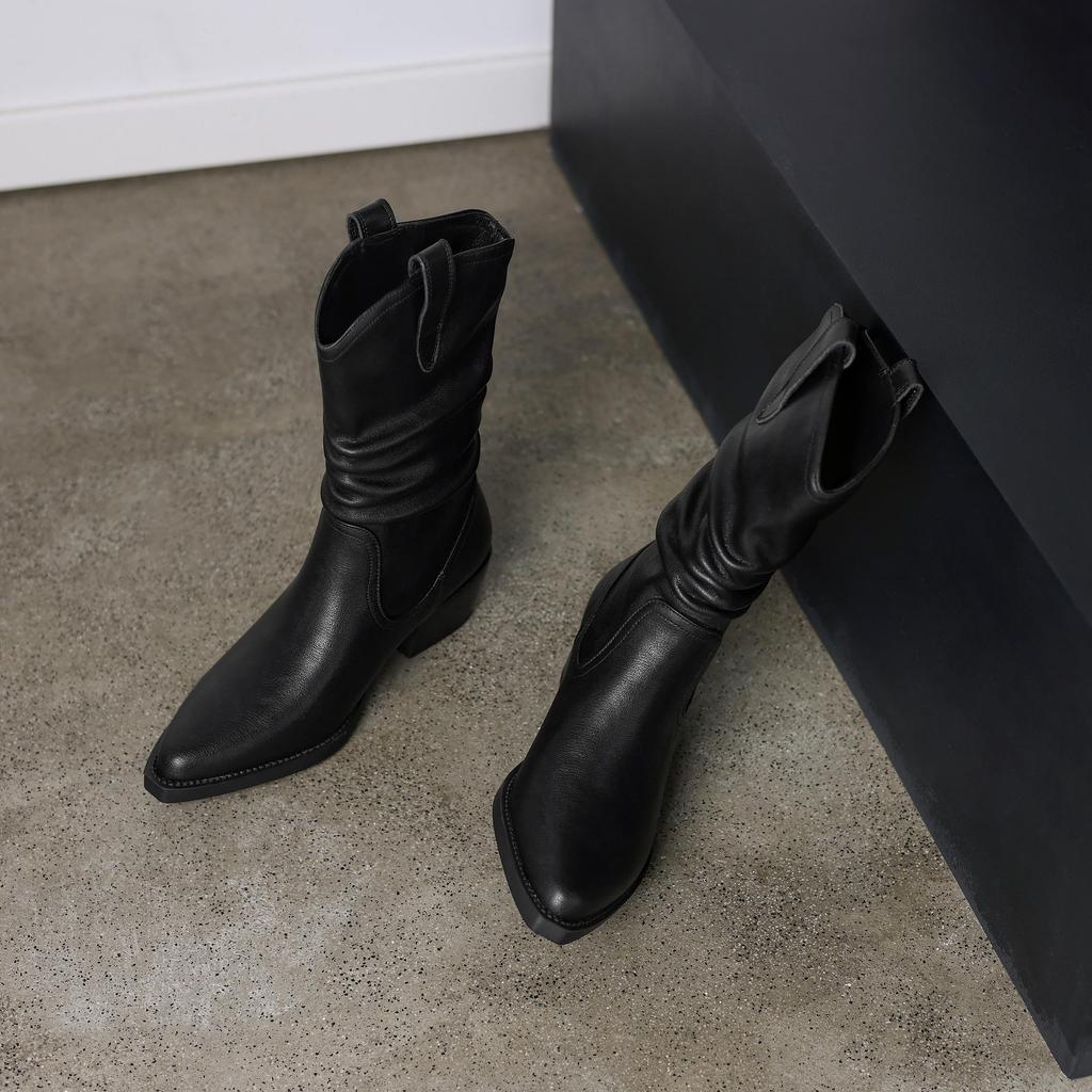 Krazing Pot Genuine Leather Autumn Winter Shoes Med Heels Size 41 Western Boots Pointed Toe Slip on Ankle Boots