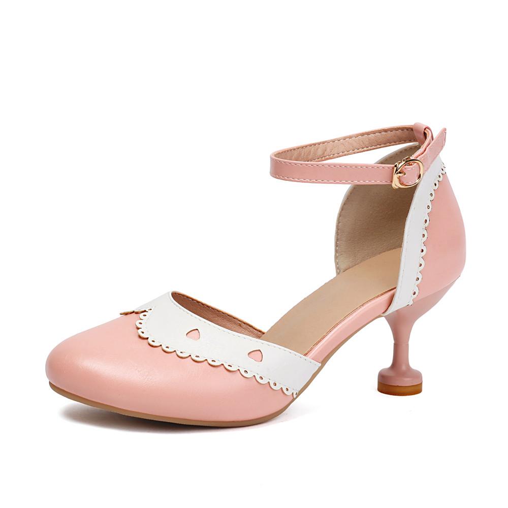 Fashion Women Mary Jane Shoes High Heels Ankle Strap Buckle Wedding Pumps Thin Heels Shoes Pink Bridal Princess Footwear Size 31-43