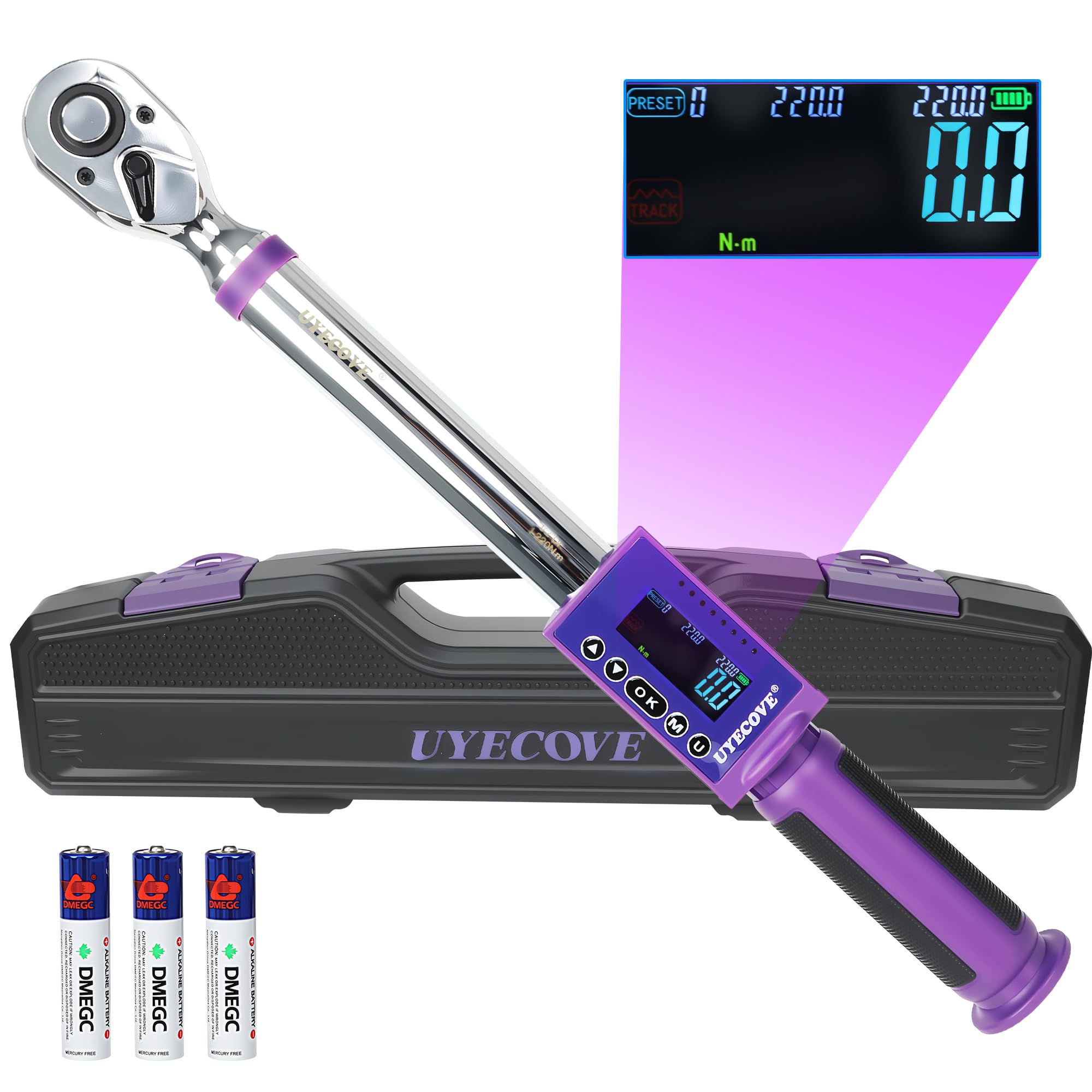 

UYECOVE Цифровой Динамометрический Ключ Высокий Большой ЖК-дисплей Предустановка Крутящего Момента 3 Режима 5 Единиц 500 Прочный Калибровка Кейс для Хранения в Комплекте Шина Промышленный Инструмент 1/2-дюймовый Ключ, фиолетовый