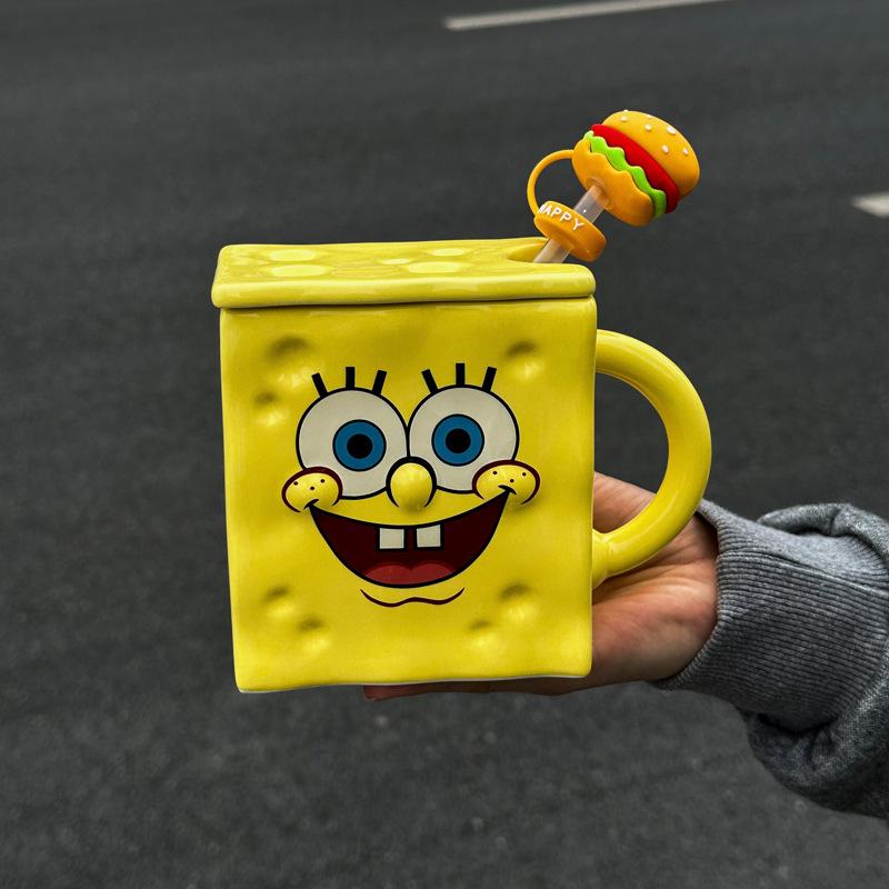 Cute SpongeBob SquarePants Straw Cup Ceramic Mug with Lid for Boys and Girls Birthday Gift Souvenir Gift Box