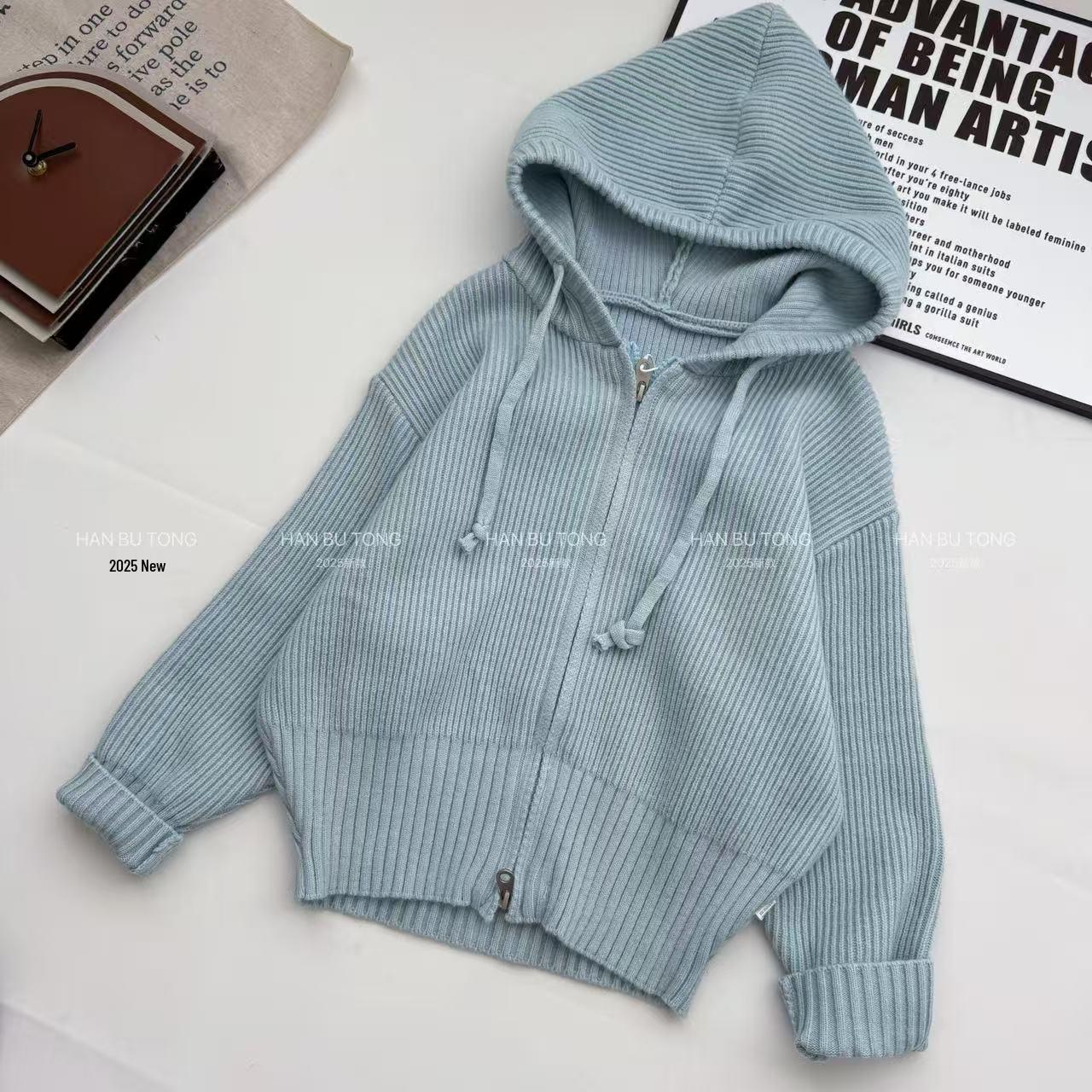 Синий вязаный кардиган с капюшоном: Стильный осенне-зимний свитер-пальто для девочек с двойной молнией 120 cm небесно-голубой