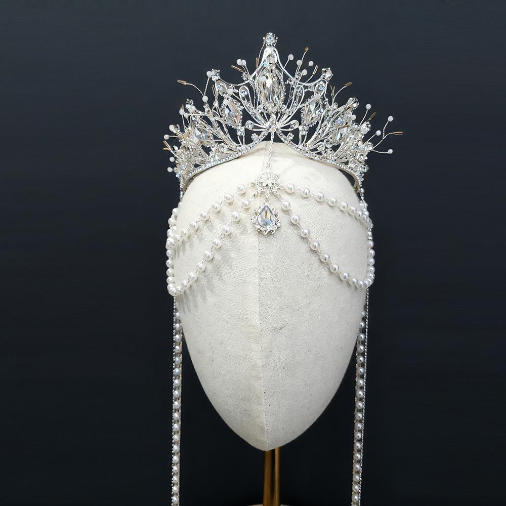 Princess Rhinestone Crown with Pearl Tassels - Virgin Mary Tiara for Bridal & Photography