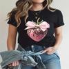 Women Spring Crew Neck Short Sleeve T‑Shirt Cute Bow Chocolate Strawberry Print Loose Milk Silk Casual Pullover M‑5XL Black White
