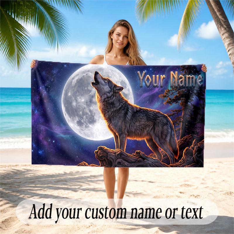 Wolf Theme Beach Towel Personalized Custom Name & Text Soft Quick Dry Beach Towel for Swimming Travel
