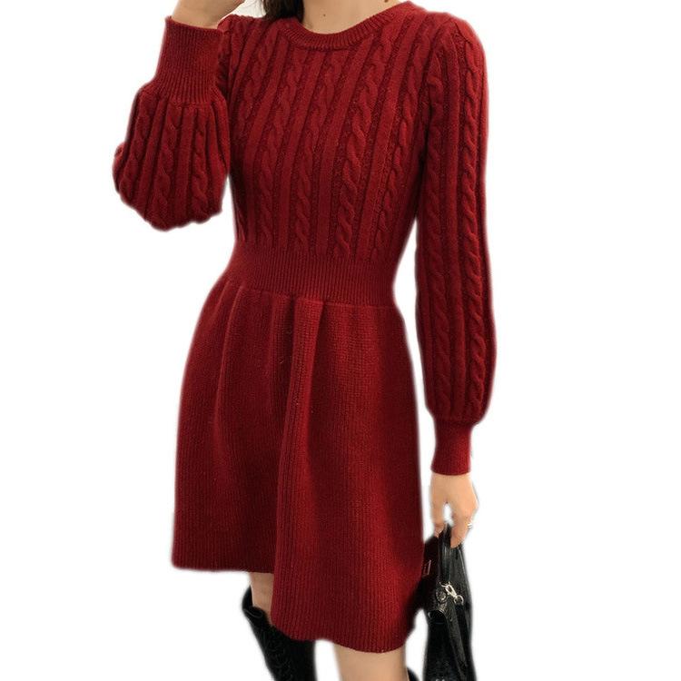 Herbst und Winter Damen Strickkleid Tailliertes Neujahrskriegskleid Rundhalsausschnitt Bottoming Twist Sweater Rock