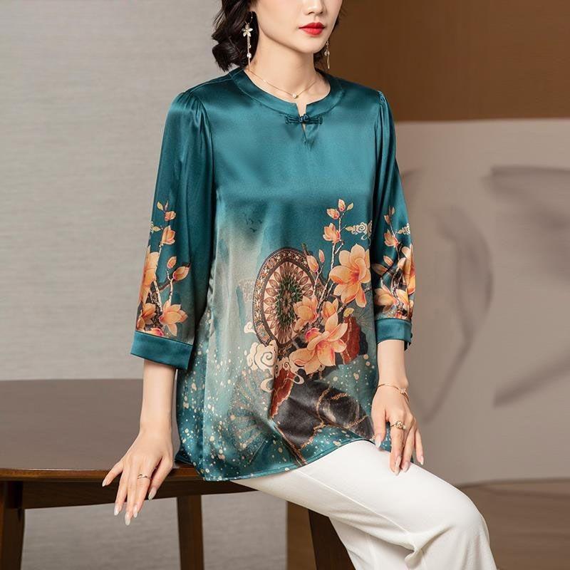 

Женская шелковая блузка в стиле ретро, весна-лето, с принтом, с круглым вырезом, пуловер, шелковая блузка M чирковый