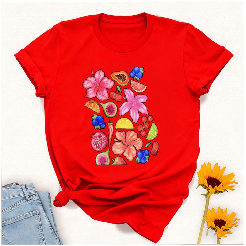 Exotic Tropical Fruit Floral Pattern Hibiscus Papaya Watermelon Lime Cherry Blueberry Chili Pepper White Crew Neck Short Sleeve
