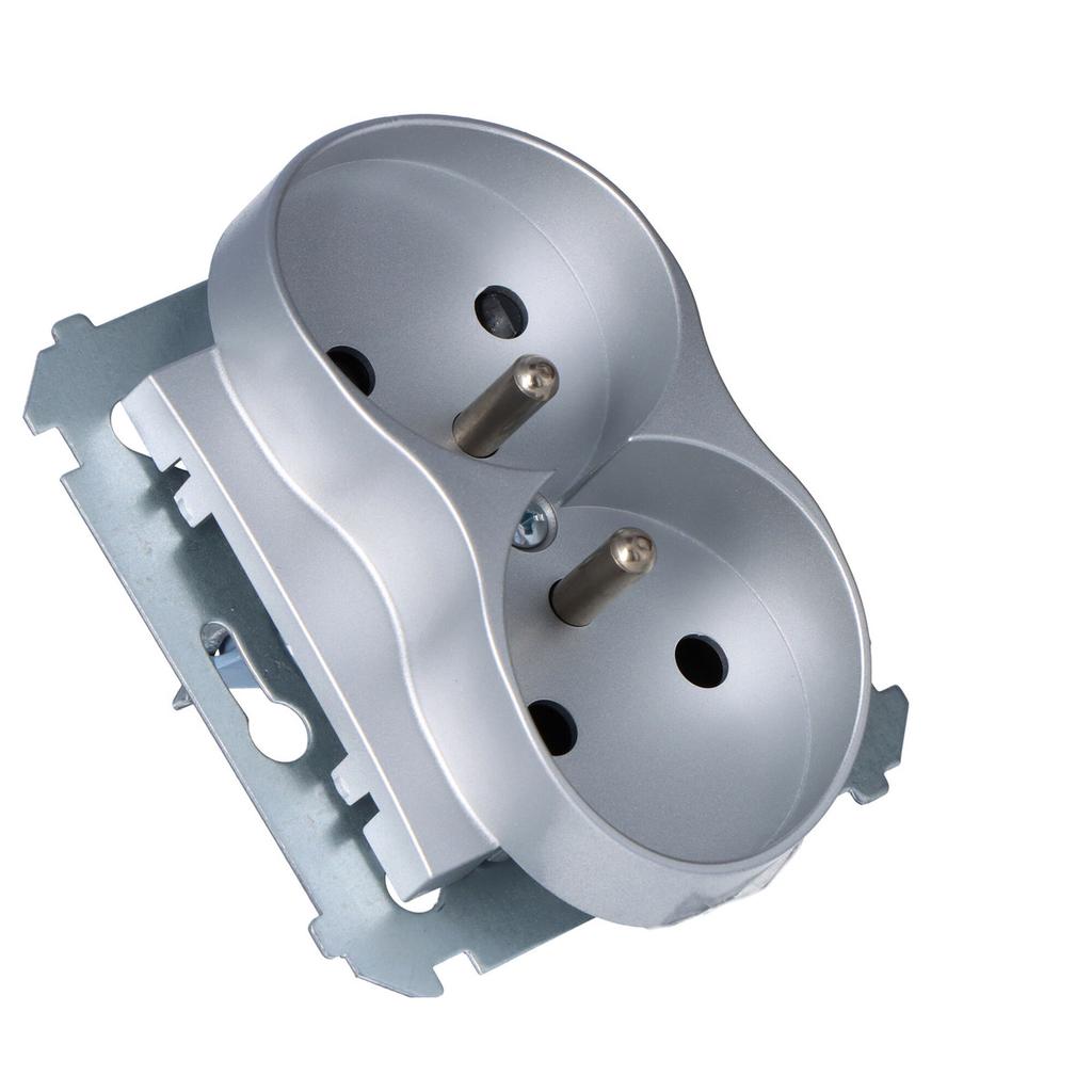 Double Socket with Grounding Contact Shutter, Matt Silver Simon54