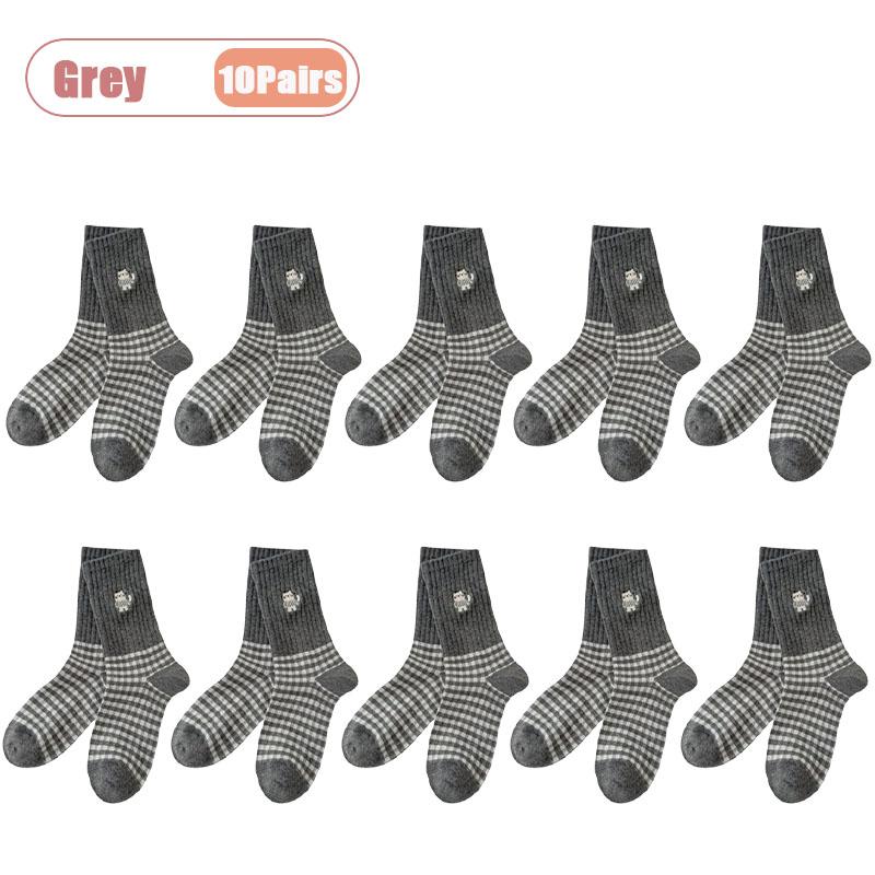 1-10Pairs Vintage Black White Plaid Mid Calf Socks for Women Autumn Winter Cute Cat Cartoon Design Cotton Long Socks